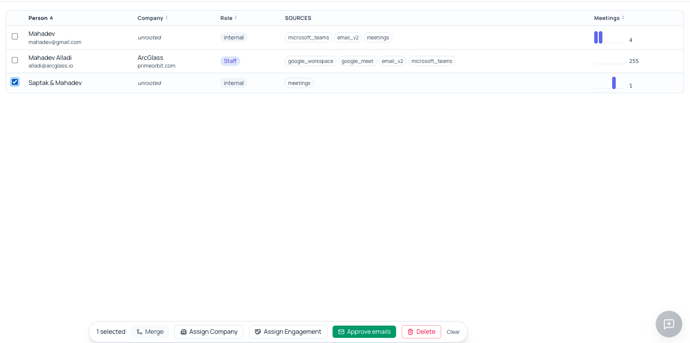ArcGlass People → Internal list with a person selected and the Approve emails button highlighted