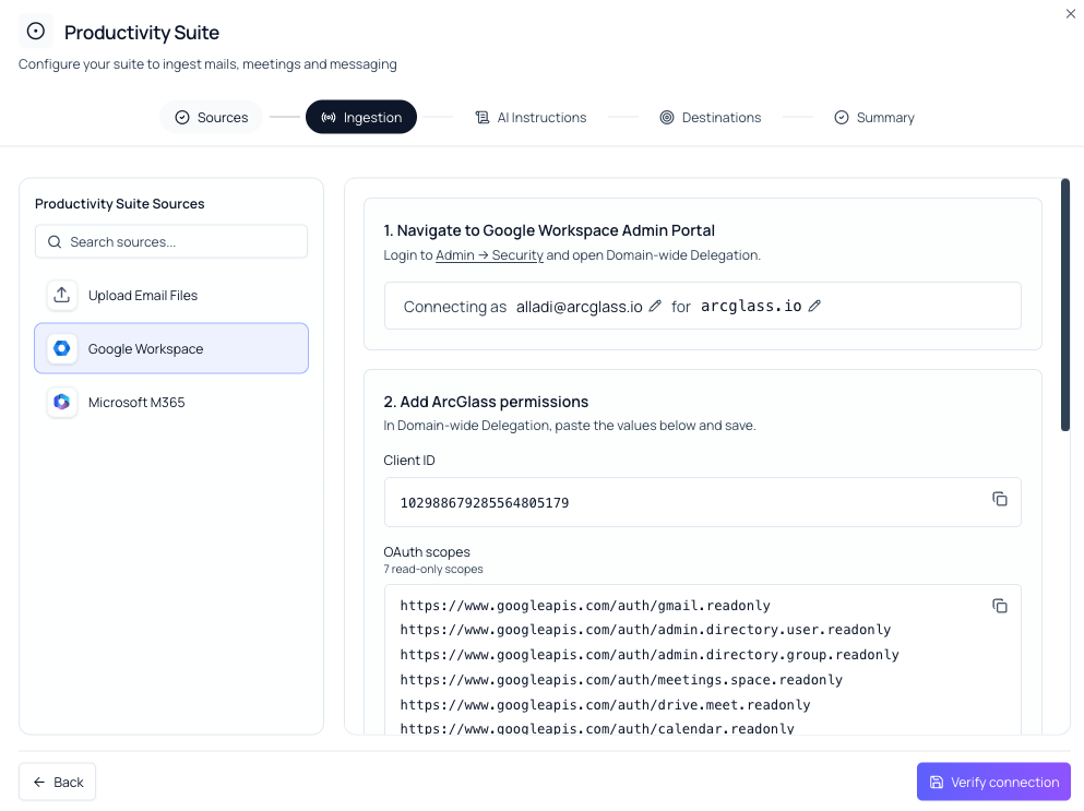 ArcGlass showing the Client ID and read-only OAuth scopes to paste into Domain-wide Delegation