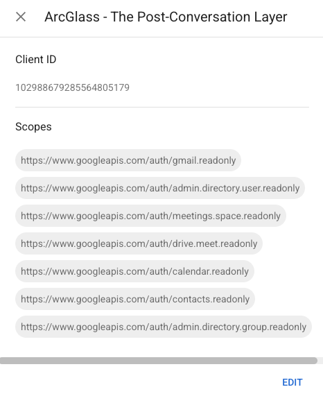 Google Admin Domain-wide Delegation entry showing the ArcGlass Client ID and seven read-only scopes