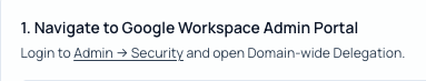 Instruction to log in to Admin, open Security, and open Domain-wide Delegation