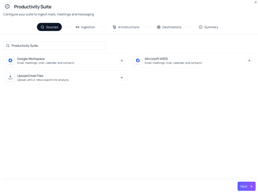 Productivity Suite Sources step showing Google Workspace, Microsoft M365, and Upload Email Files