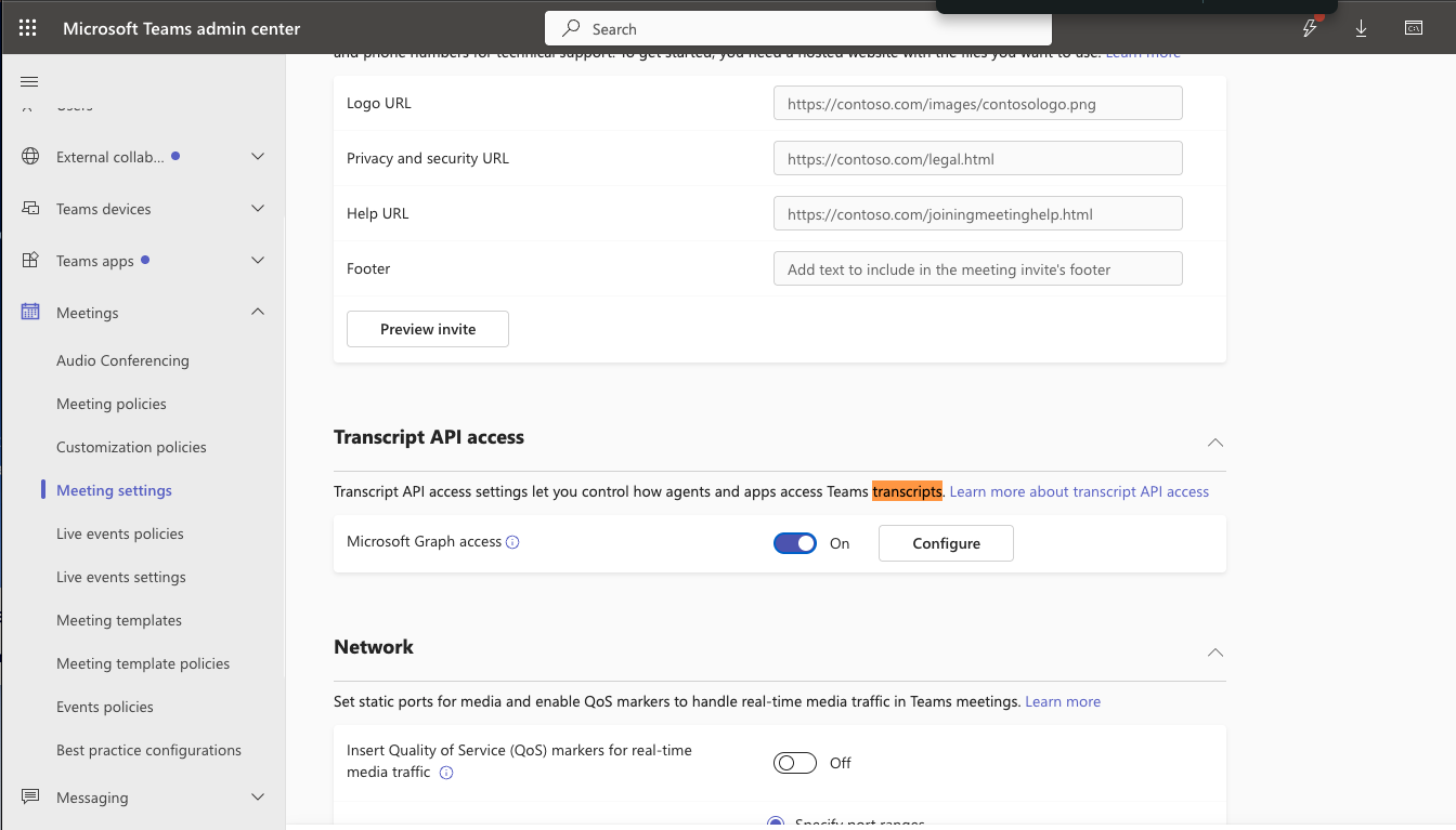 Teams Admin Center Meeting settings — the Transcript API access section with Microsoft Graph access toggled On and a Configure button