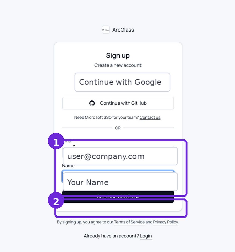 Sign-up screen: enter work email and name, then Continue with Email