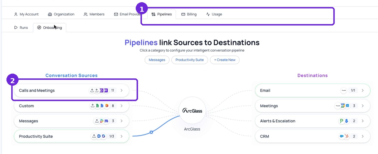 Open Settings › Pipelines › Onboarding, then select Calls and Meetings.