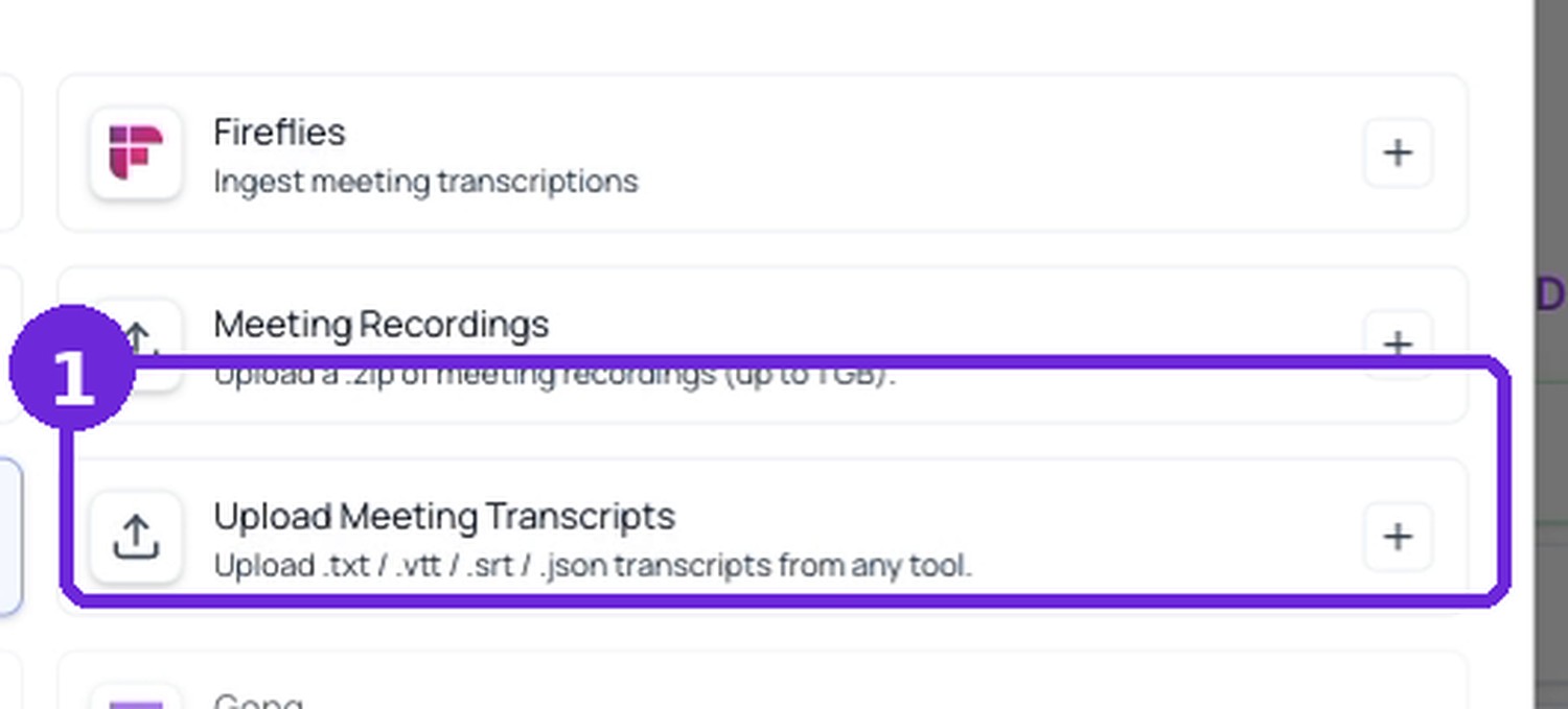 Select Upload Meeting Transcripts, then continue to Ingestion.