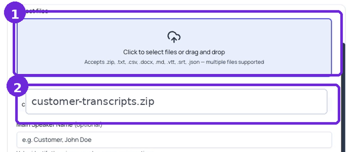 Upload the provided ZIP file and confirm it appears under Selected Files.