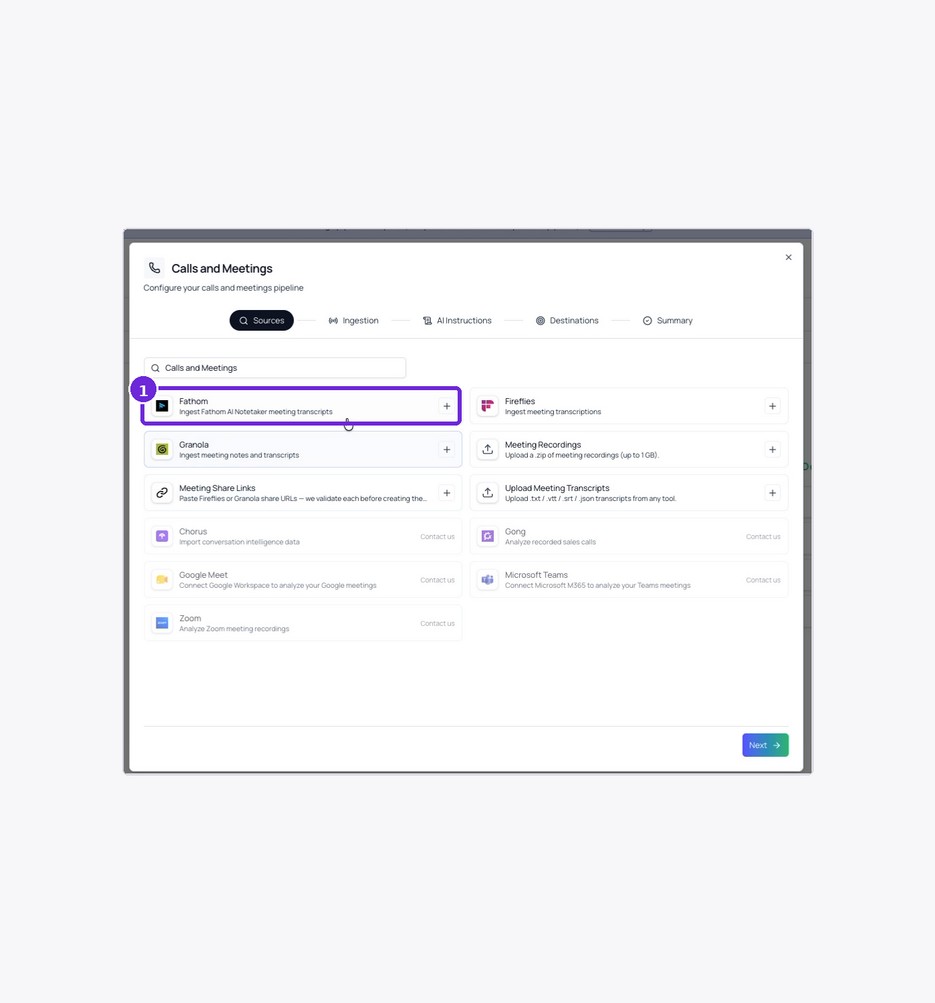 Select Fathom from the Calls and Meetings sources.