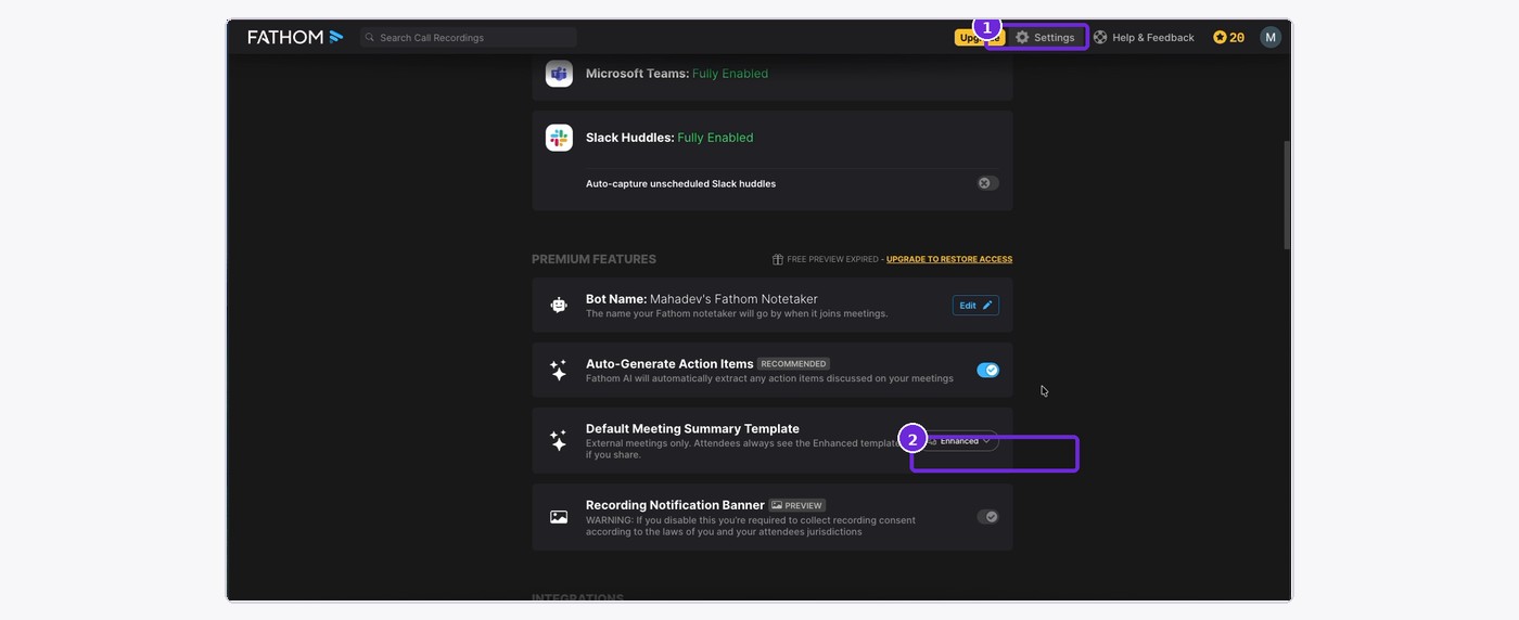 Open Fathom Settings > Integrations and select Manage under API Access.