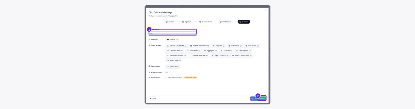 Enter a pipeline name, review the summary, and select Create Pipeline.