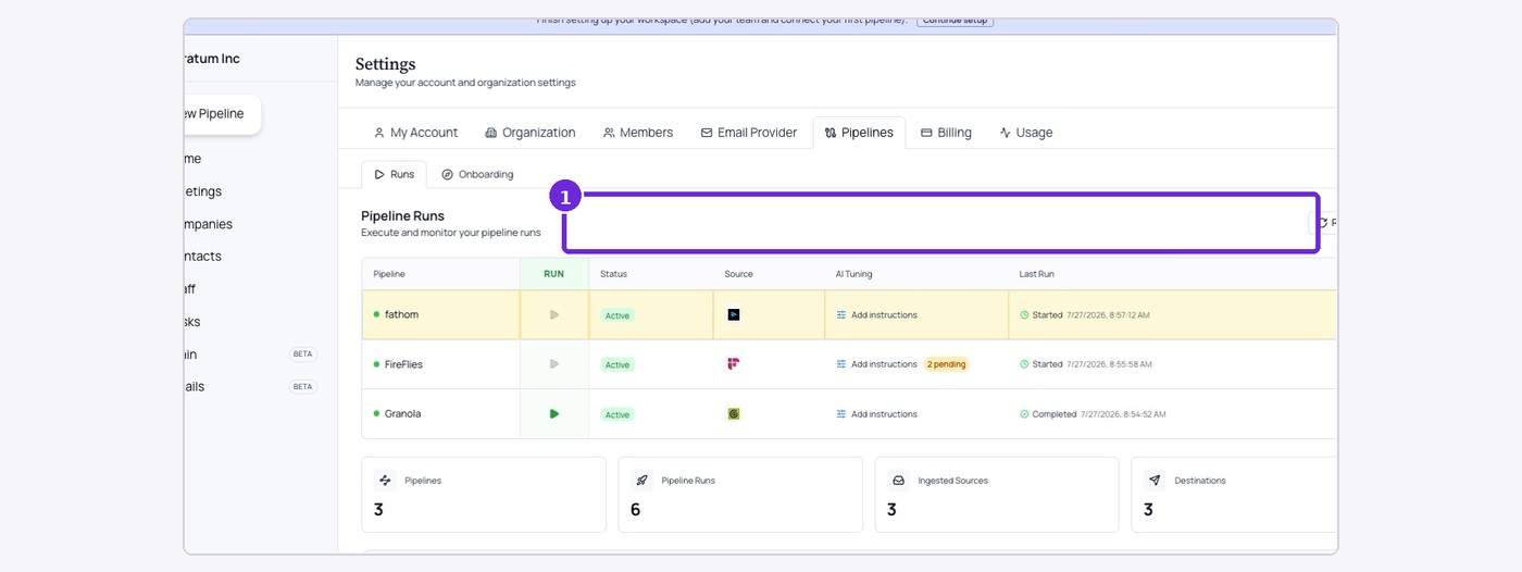 Confirm the Fathom pipeline appears as Active in Pipeline Runs.