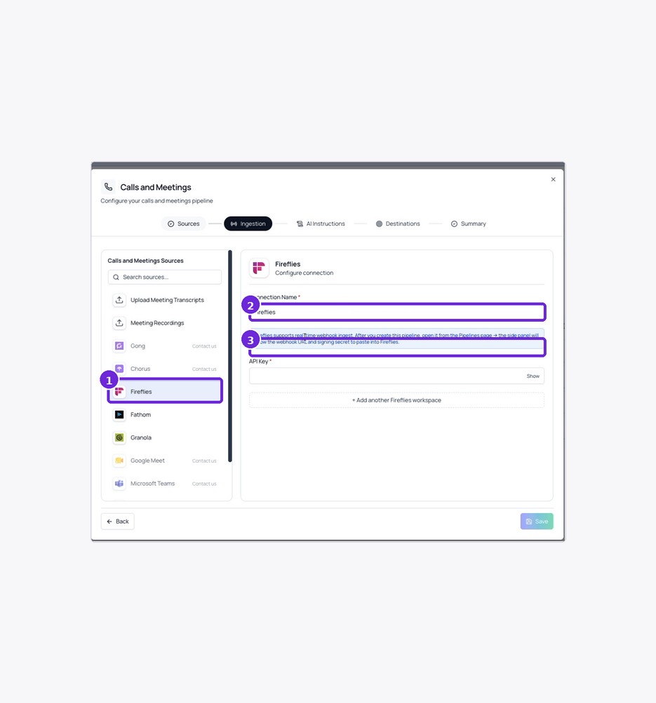 Review the Fireflies connection fields in ArcGlass.