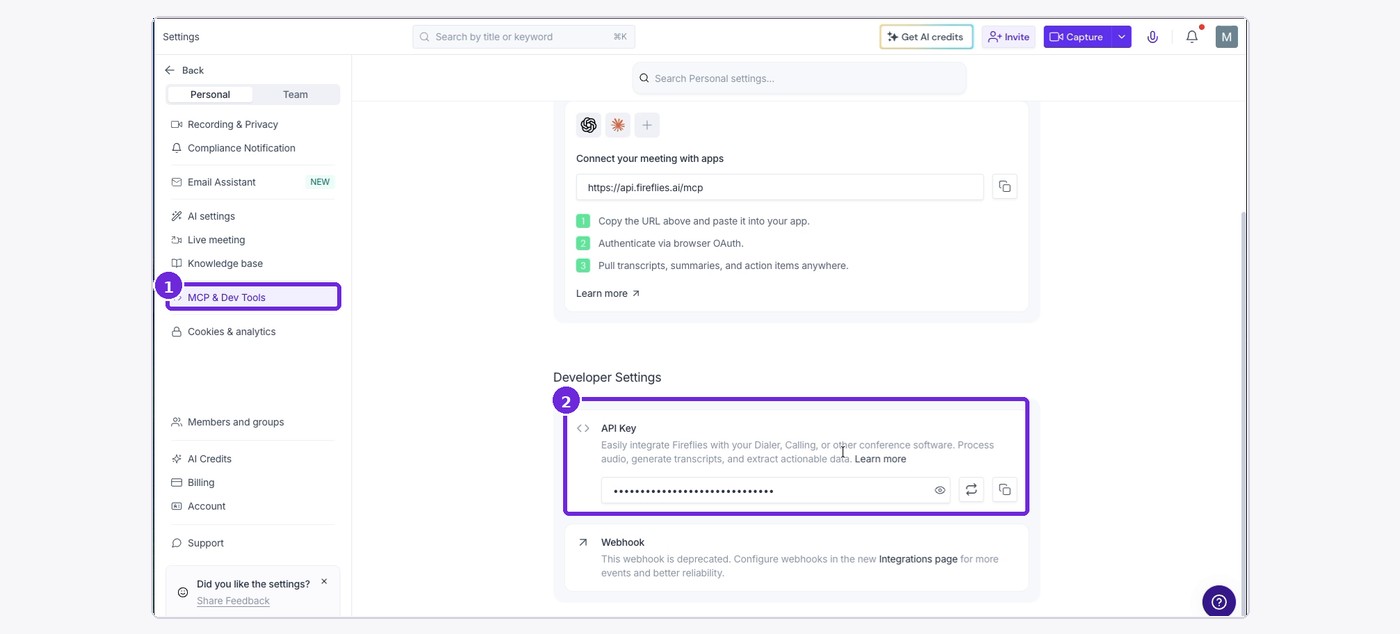 Copy the API Key shown in the Developer Settings section.
