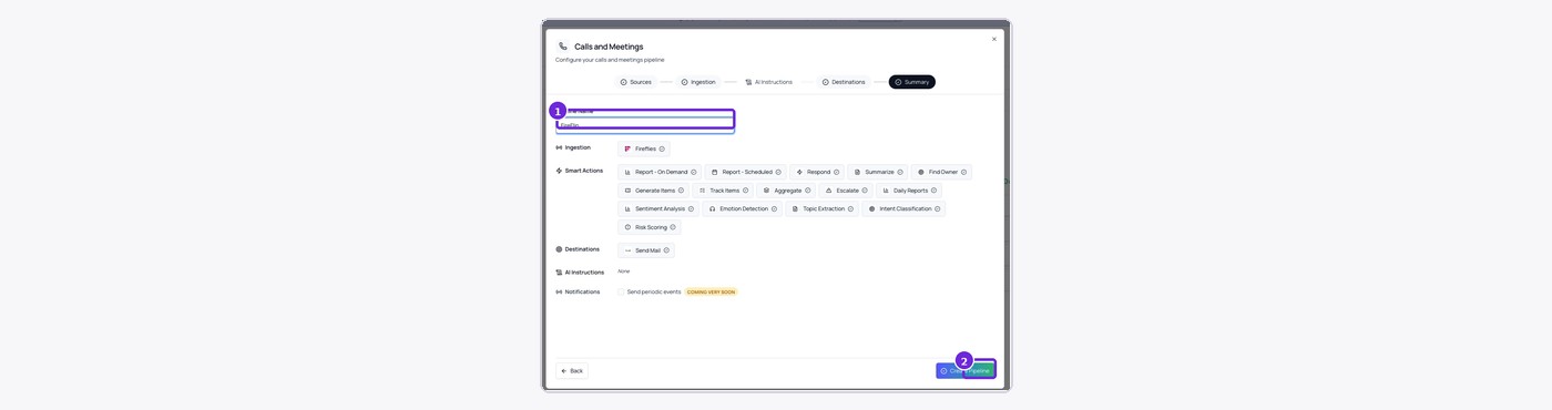 Enter a pipeline name, review the summary, and select Create Pipeline.