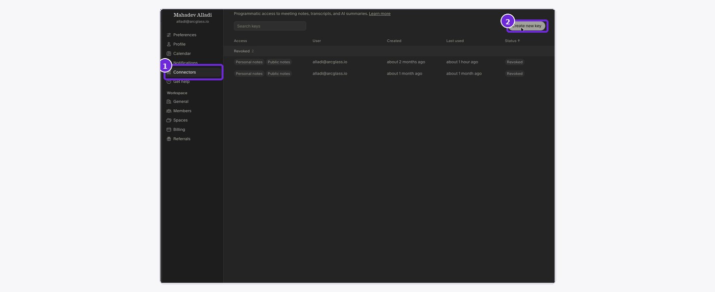 Open Connectors, then select Personal API keys and Create new key.