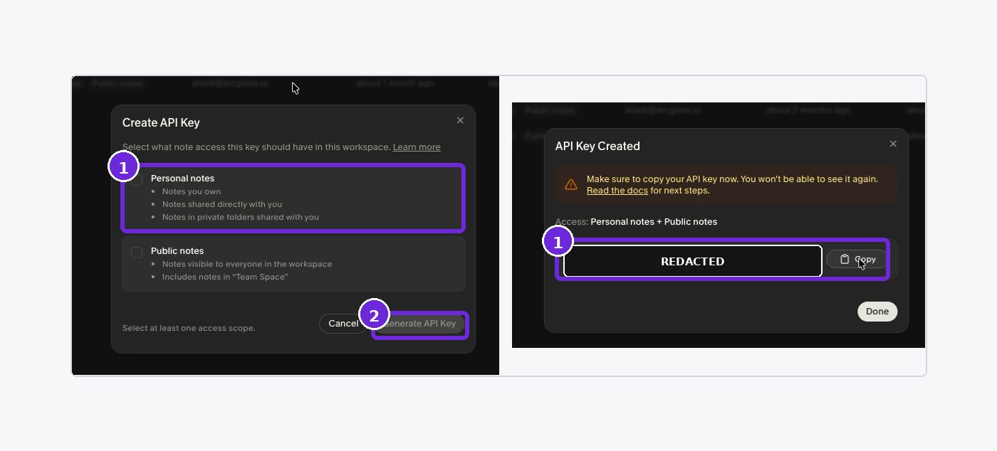 Select the required note access, generate the key, and copy it immediately.