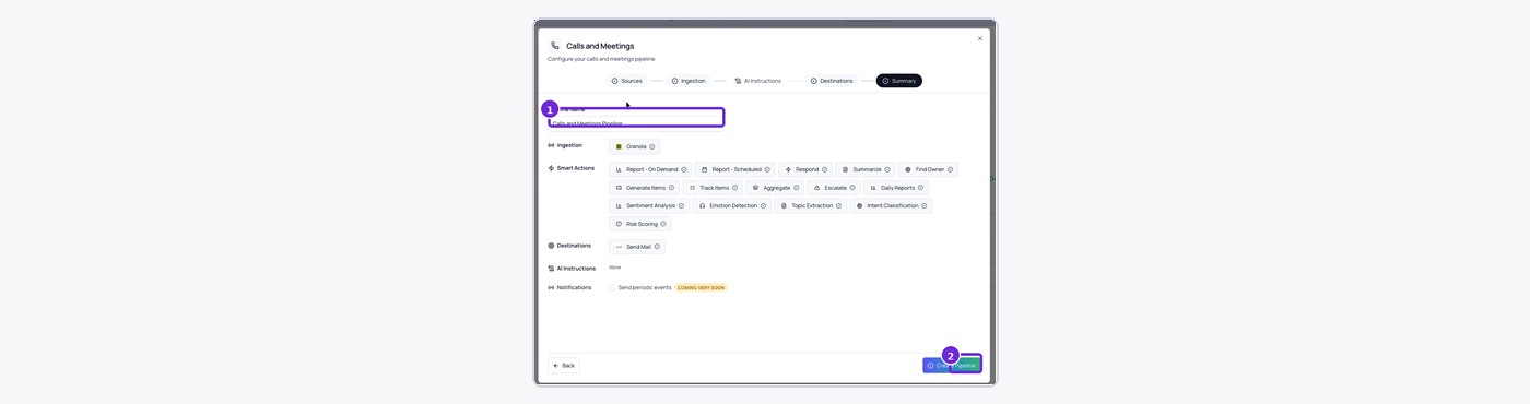Enter a pipeline name, review the summary, and select Create Pipeline.