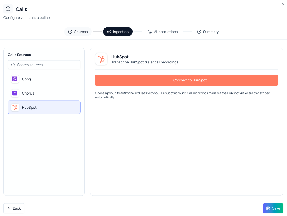 Select HubSpot from Calls Sources, then choose Connect to HubSpot.