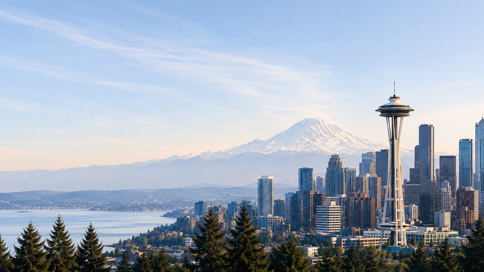 Seattle skyline with the Space Needle and Mount Rainier