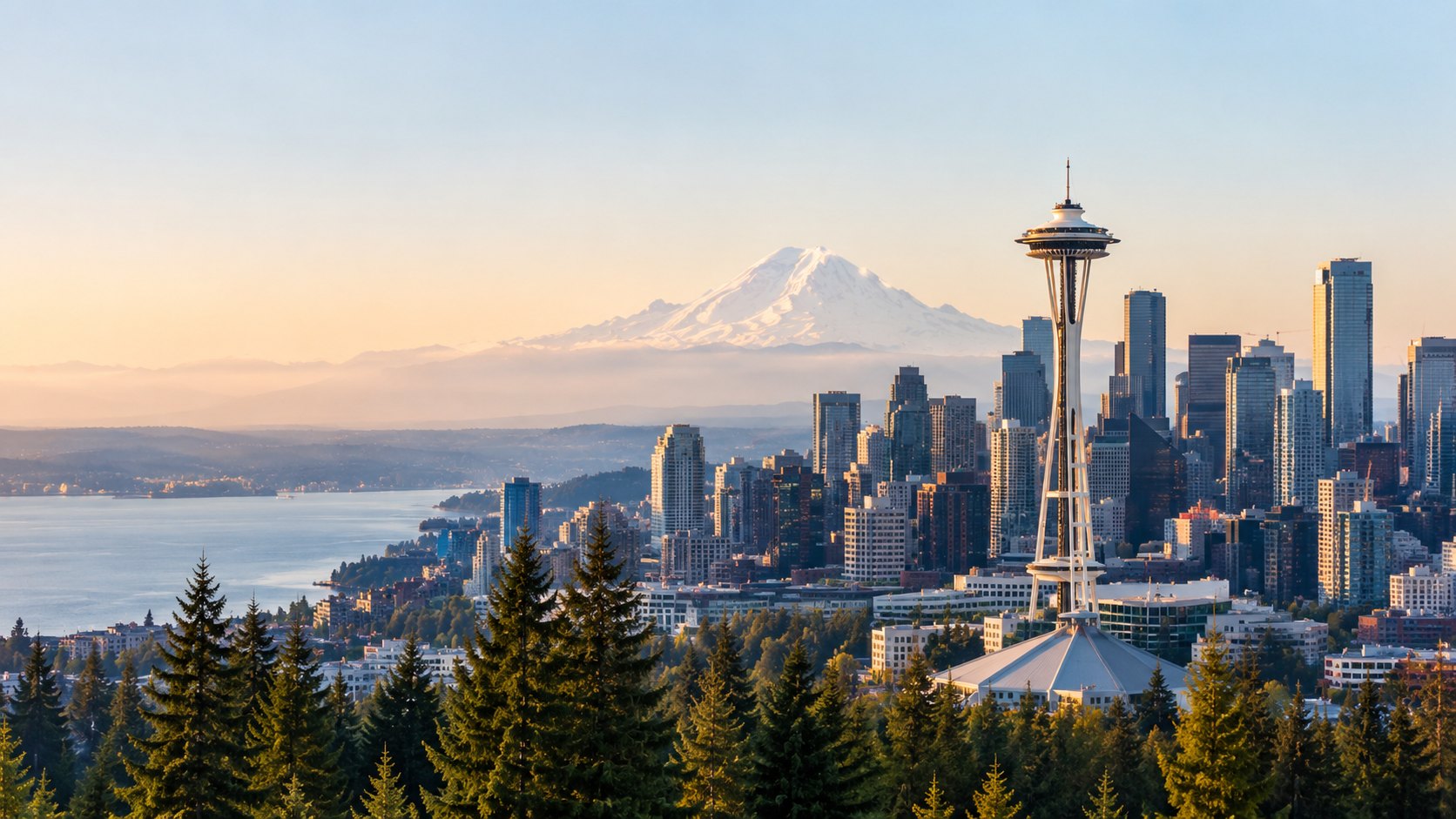 Seattle skyline with the Space Needle and Mount Rainier